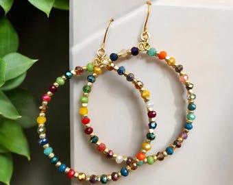 Colorful Kaleidoscope Hoop Earrings, Gold Beaded Crystal Hoops, Fiesta Gold Hoops, Boho, Mixed Crystal, Mixed Colors, Gold Hypoallergenic