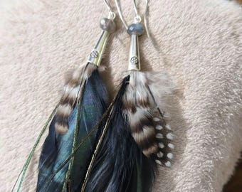 Fancy Long Black Feather Earrings, Labradorite Crystal, Dark Grizzly Hair Extension, Extra Long, White Striped, festival Boho Witchy, Goth