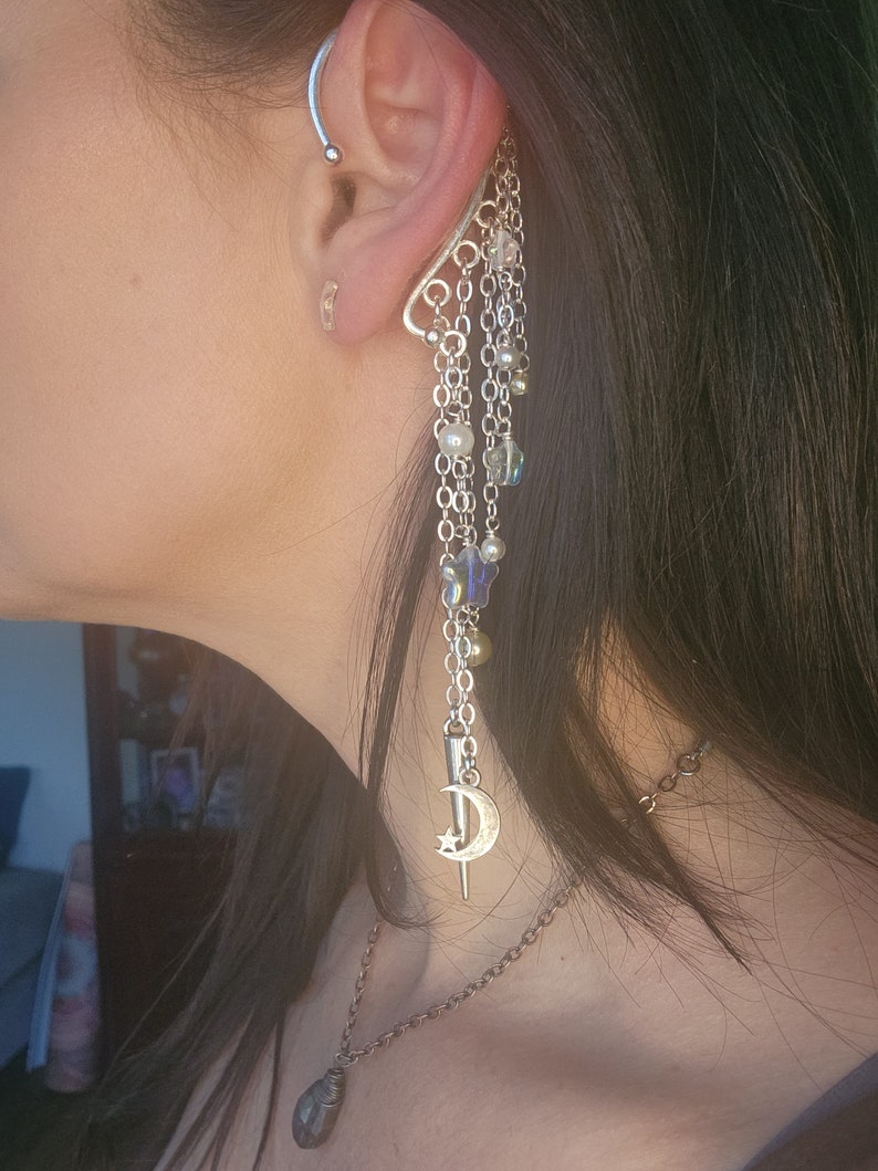 Beaded Ear Cuff, No Piercing Earring, Earring Wrap Cuff, Celestial Ear Cuff, Silver Gold Ear Cuff, Fairy Fae, Elven Ear Cuff, Tribal, EDC image 3