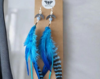 Blue Feather Earrings, Moon Charm, Aqua Blue, Celestial, Natural Grizzly Feathers, Hippie Boho Festival Feathers, Striped Feathers, Gemstone