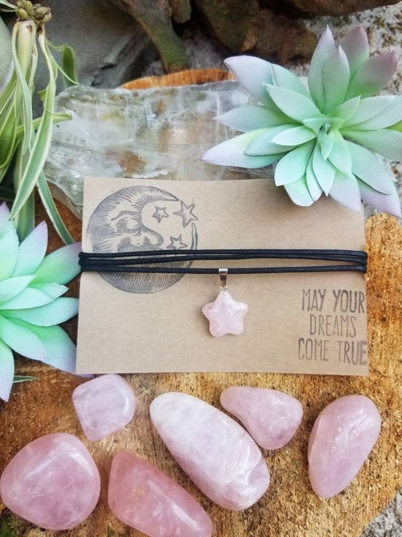 Rose Quartz Crystal Star Charm Necklace, Carved Quartz Crystal Star, Gemstone, Crystal Healing, Adjustable Choker, Vegan Cotton Cord, Simple image 7