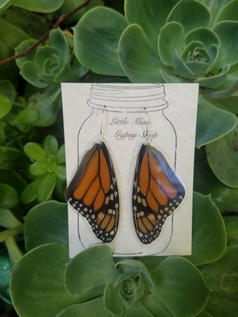 Real Monarch Butterfly Wing Earrings, Resin Wings, Earthy Organic Jewelry, Festival, Natural, Witchy, Hippie, Boho, Unique Gift, Fairy BW037 image 1