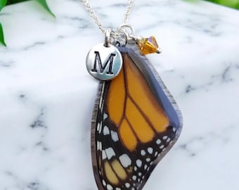 Monarch Wing Initial Necklace, Custom Letter, Birthstone, Keepsake Jewelry
