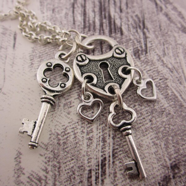 Sweet Heart Charm Necklace, Silver heart, silver key charms, pearl necklace, long chain