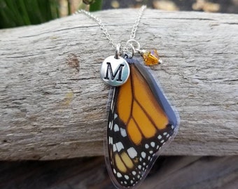 Personalized Initial Charm Necklace, Butterfly Wing, Custom Letter Monogram, Silver, Birthstone, Memory Keepsake, Alphabet, Memorial Jewelry