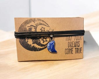 Lapis Lazuli Crescent Moon Charm Necklace, Carved Blue Crystal Moon, Blue Gemstone, Crystal Healing, Adjustable Choker, Vegan Cotton Cord