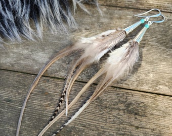8 Inch Extra Long Brown Feather Earrings, Turquoise Beads, Festival Earrings, Striped Grizzly Feathers, Brown, Boho Bohemian, Tribal