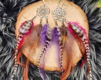 Real Feather Dream Catcher Earrings, Boho Feather Earrings, Silver, Bohemian, Festival, Layered Long Feathers, Pink Purple Feather Earrings