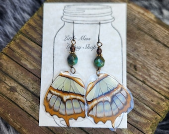Beaded Green Malachite Real Butterfly Wing Earrings, Resin Coated Butterfly, Butterfly Specimen Insect Bug, Oddity Jewelry, Rustic Butterfly