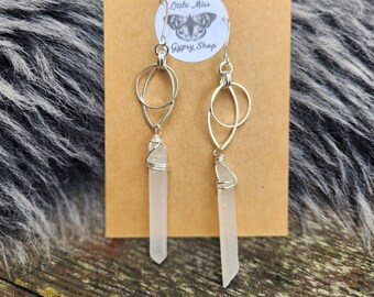 Quartz Point Crystal Earrings, Wire Wrapped Clear Quartz, Bohemian Crystal Earrings, Silver Dangle Earrings, Geometric, Hypoallergenic