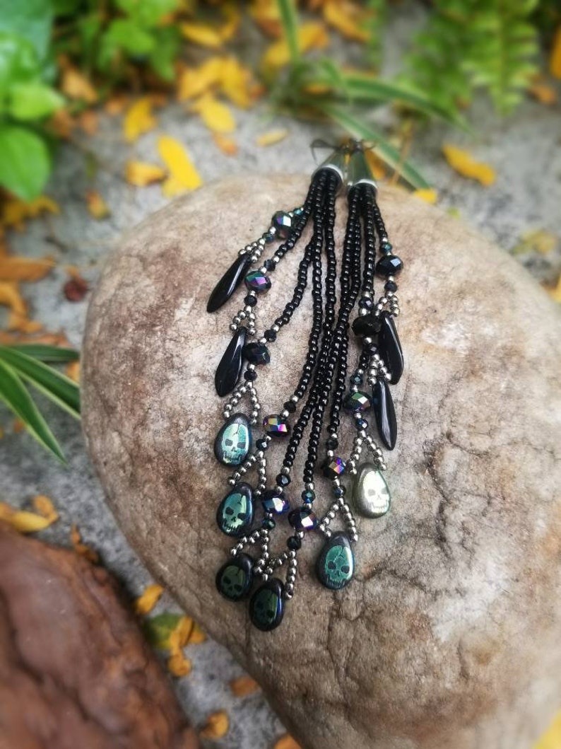 Metallic Skulls Day of the Dead Handmade Seed Bead Earrings Beaded Skull Earrings Boho Dark Goth Halloween Long Beaded Fringe Earrings