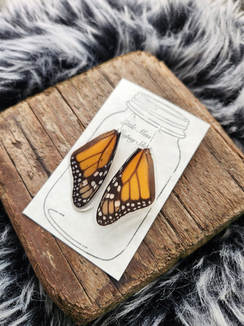 Real Monarch Butterfly Wing Earrings, Resin Wings, Earthy Organic Jewelry, Festival, Natural, Witchy, Hippie, Boho, Unique Gift, Fairy BW037 image 5