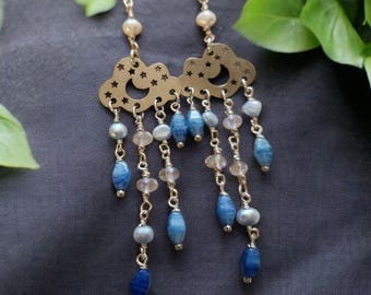 Pearl Storm Cloud Earrings, Rain, Cloudy Day, Silver Cloud Charm, Blue Crystal Earrings, Celestial, Glass Rainbow AB, Wrapped, Boho,