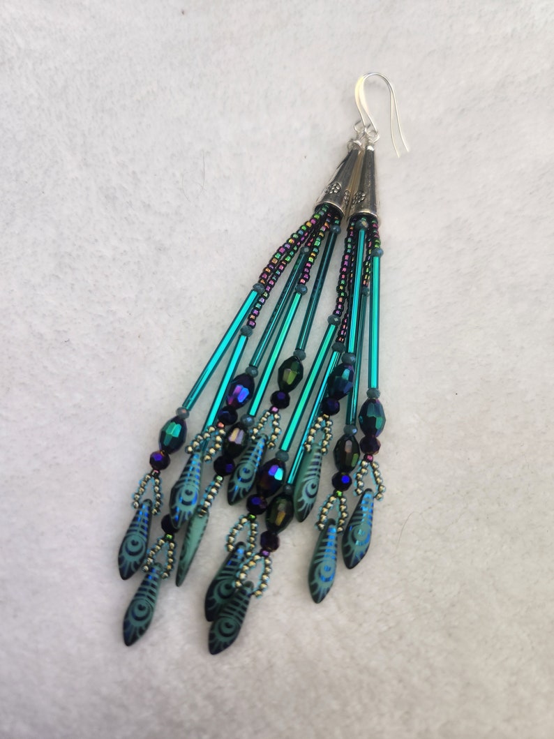 Peacock Mermaid Long Beaded Fringe Earrings, Purple Iris Seed Bead ...