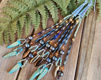 Long Beaded Earrings, Seed Bead Earrings, Rustic Hippie, Antique Vintage Inspired, Earthy, Glass Dagger Beads, Earthtone Colors, Bohemian