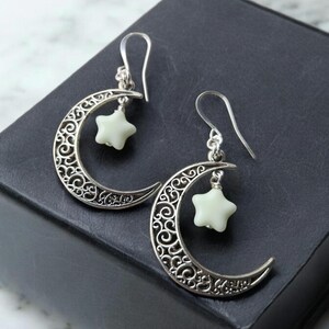Silver Crescent Moon Earrings, Luna Lunar, Moon Dangle Earrings, Handmade Crystal Earrings, Witchy Hippie, Filigree, Moon and Star Celestial