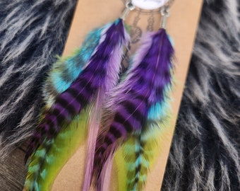 Purple Feather Earrings, Peacock Colors, Striped Earthy Feathers, Grizzly Hair, Rave Dancer, Boho Bohemian, Tribal Fusion, Pixie Fairy