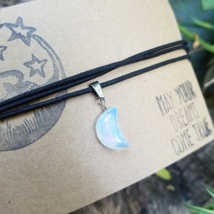 Opalite Crescent Moon Charm Necklace, Carved Quartz Crystal Moon, Opal Gemstone, Crystal Healing, Adjustable Choker, Vegan Cotton Cord image 4