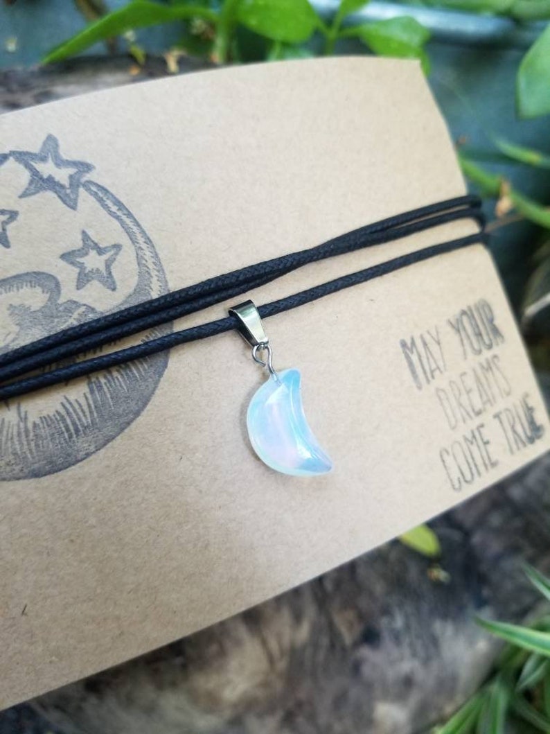 Opalite Crescent Moon Charm Necklace, Carved Quartz Crystal Moon, Opal Gemstone, Crystal Healing, Adjustable Choker, Vegan Cotton Cord image 4