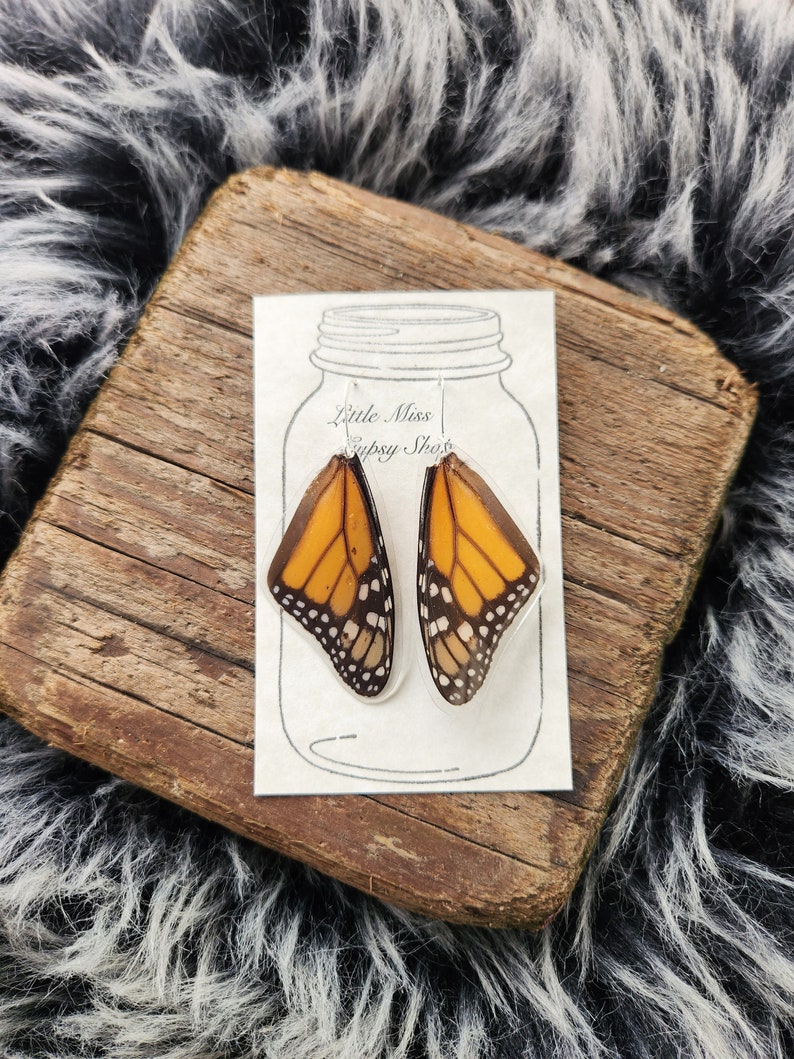 Real Monarch Butterfly Wing Earrings, Resin Wings, Earthy Organic Jewelry, Festival, Natural, Witchy, Hippie, Boho, Unique Gift, Fairy BW037 image 7