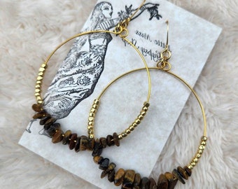 Tiger's Eye Gemstone Hoop Earrings, Gold Beaded Crystal Hoops, Natural, Gold Hoops, Boho Rustic, Earthy Colors, Gold Hypoallergenic