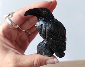Carved Black Onyx Raven, Gemstone Raven, Crow, Carved Gemstone, Totem Animal, Raven Art, Raven Figurine, Raven Decor, Black Crow, Goth
