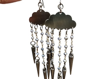 Gunmetal Black Storm Cloud Earrings, Daggers Spike Rain, Cloudy Day, Silver Cloud Charm, Chain Chandelier, Crystal, Celestial, Wire Wrapped