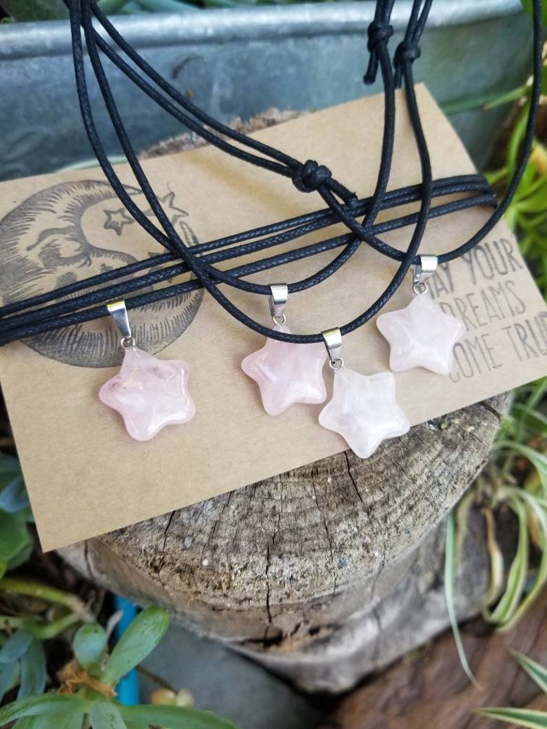 Rose Quartz Crystal Star Charm Necklace, Carved Quartz Crystal Star, Gemstone, Crystal Healing, Adjustable Choker, Vegan Cotton Cord, Simple image 8