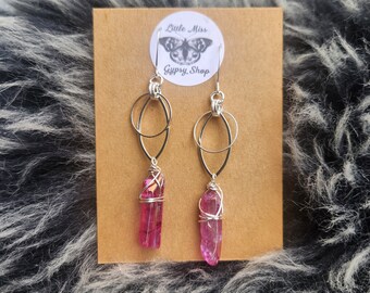 Quartz Crystal Earrings, Wire Wrapped Fuchsia Pink Aura Quartz, Bohemian Crystal Earrings, Silver Dangle Earrings, Geometric, Hypoallergenic