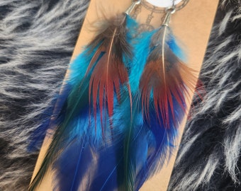Blue Bohemian Feather Earrings, Striped Earthy Natural Feathers, Brown Grizzly Hair Extension, Peacock, Hippie Boho Bohemian, Tribal Fusion