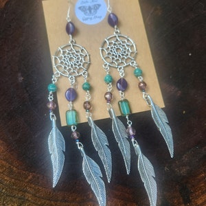 Boho Dreamcatcher Earrings, Rustic Bohemian, Vintage Czech Glass Beads, Dangle Earrings, Long Layered, Chandelier Earrings, Silver Feathers image 4