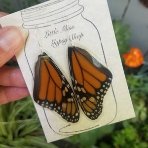 Real Monarch Butterfly Wing Earrings, Resin Wings, Earthy Organic Jewelry, Festival, Natural, Witchy, Hippie, Boho, Unique Gift, Fairy BW037 image 2