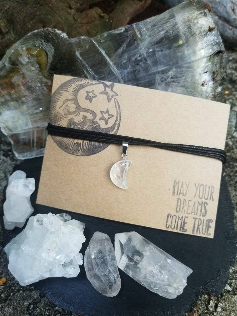 Quartz Crescent Moon Charm Necklace, Carved Quartz Crystal Moon, Gems…
