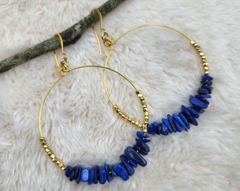 Lapis Gemstone Hoop Earrings, Lapis Crystal, Blue Large Beaded Hoops, Natural Healing Crystal, Blue Chips, Gold Hoops, Boho Bohemian