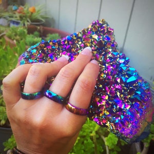SALE Rainbow Titanium Steel Ring, Ring Size 7, 8, 10, 11, 12 Aura Crystal, Mens Ring, Woman&#39;s Ring, Promise, Metallic, Rainbow Hematite