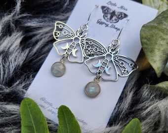Rainbow Moonstone Moth Charm Earrings, Silver Moth Charms, Withcy Moth, Moon Phase Moth, Silver Elegant Moonstone Earrings, Gemstone Charms
