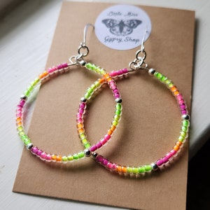 NEON Rainbow Seed Bead Hoop Earrings, Beaded Earrings, ROYGBIV, Raver, Rave, Pride, Colorful Earrings, Boho, Handmade, Festival, Cute Dainty