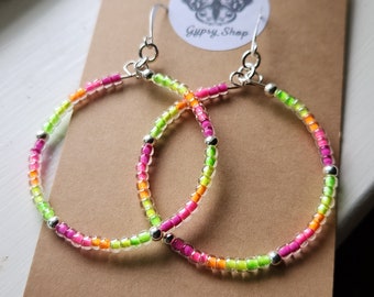 NEON Rainbow Seed Bead Hoop Earrings, Beaded Earrings, ROYGBIV, Raver, Rave, Pride, Colorful Earrings, Boho, Handmade, Festival, Cute Dainty