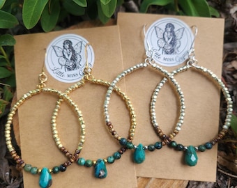 Turquoise Gemstone Hoop Earrings, Teardrop Turquoise Beaded Earrings, Silver or Gold Hoop Earrings, Boho Bohemian, Southwestern
