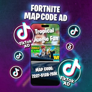 Op de afbeelding: Een smartphone-scherm toont een Fortnite-kaartcode-advertentie met de tekst "Tropical Jungle Fun" en de kaartcode "7227-5128-7590". De advertentie is omringd door TikTok-logo's.