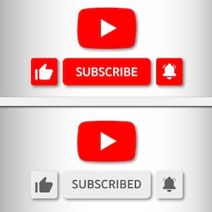 May include: A graphic with YouTube-themed buttons. The top section shows a red play button, a thumbs-up icon, a red button with "SUBSCRIBE" text, and a bell icon. The bottom section shows a play button, a thumbs-up icon, a button with "SUBSCRIBED" text, and a bell icon.
