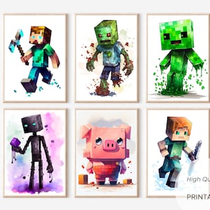 Anime Poster Set Minecraft Wandkunst, Kinderzimmer Dekor, Creeper, Enderman, Zombie Steve, printable Poster, Prints, digitales Poster, Clipart