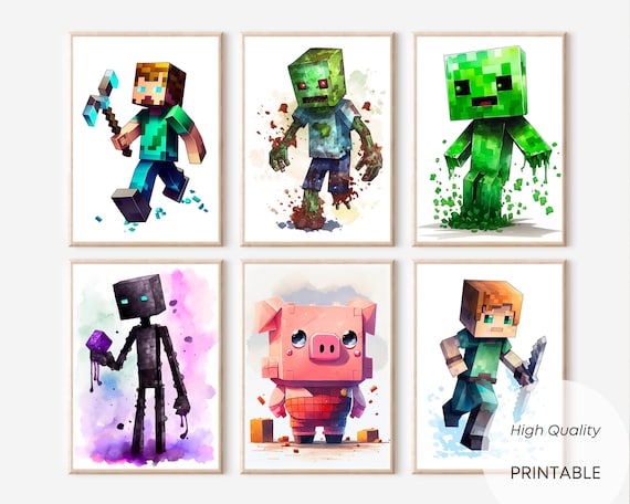 Anime Poster Set Minecraft Wall Art, Nursery Decor, Creeper, Enderman, Zombie Steve, Printable Poster, Prints, Digital Poster, Clipart