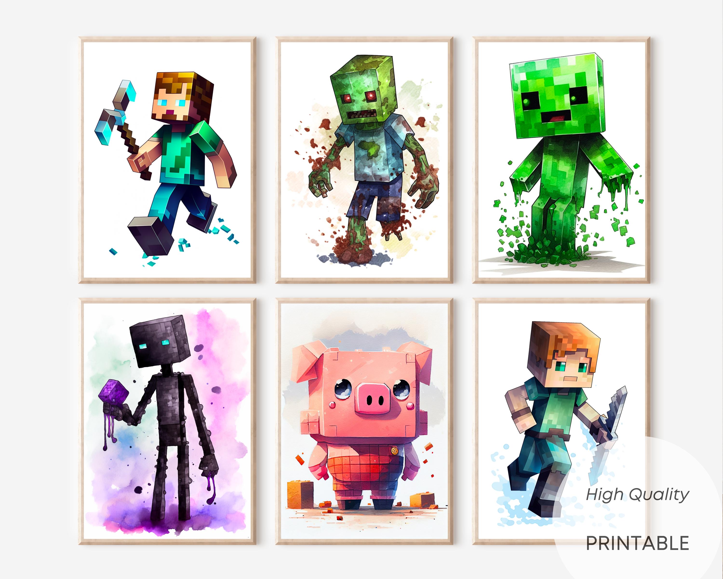 Anime Poster Set Minecraft Wall Art, Nursery Decor, Creeper, Enderman, Zombie Steve, Printable Poster, Prints, Digital Poster, Clipart