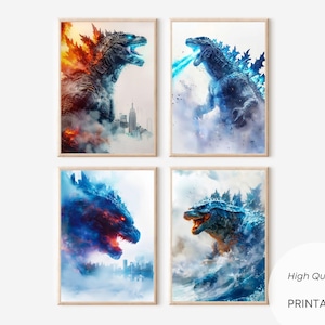 May include: Four framed prints featuring Godzilla in various action poses. The artwork showcases Godzilla with fiery and icy effects, set against cityscapes and clouds. The prints are in wooden frames.