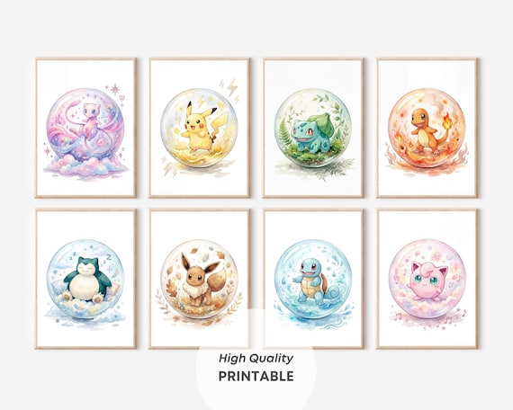 Set of 8 Pokemon Nursery Wall Art Prints Kids Room Decor Watercolor Poster Printable Boys Room Decor Digital Download Game Room Baby Gift