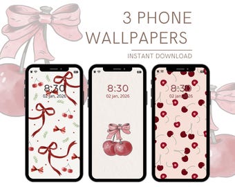Coquette Cherry Phone Wallpaper, 3 Pink Bow Aesthetic Backgrounds for iPhone & Android, Watercolor Girly Art, Instant Digital Download