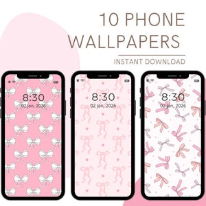 Peut inclure: Trois smartphones affichant des fonds d'écran sur le thème des nœuds roses. Les téléphones indiquent l'heure de 8h30 le 2 janvier 2026. Le texte en haut indique "10 FONDS D'ÉCRAN TÉLÉPHONE TÉLÉCHARGEMENT INSTANTANÉ."