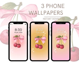 Coquette Cherry Phone Wallpaper, 3 Pink Bow Aesthetic Backgrounds for iPhone & Android, Watercolor Girly Art, Instant Digital Download