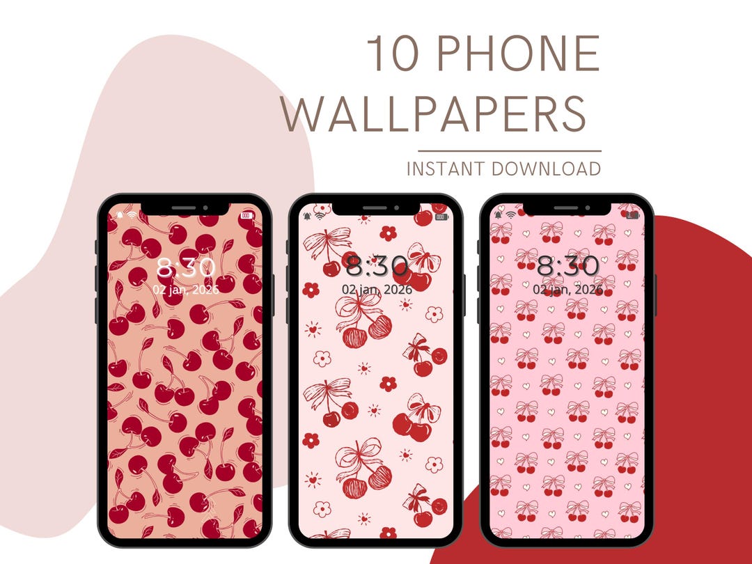 Coquette Cherry Phone Wallpapers Bundle | Pink Aesthetic Bow and Heart ...